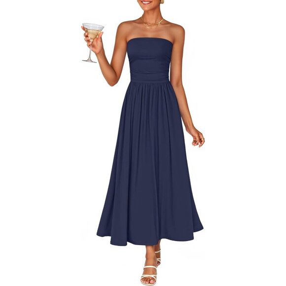 Dresses & Skirts - Women's Navy Summer Sleeveless 2026 Strapless Ruched A Line Flowy Midi Dress